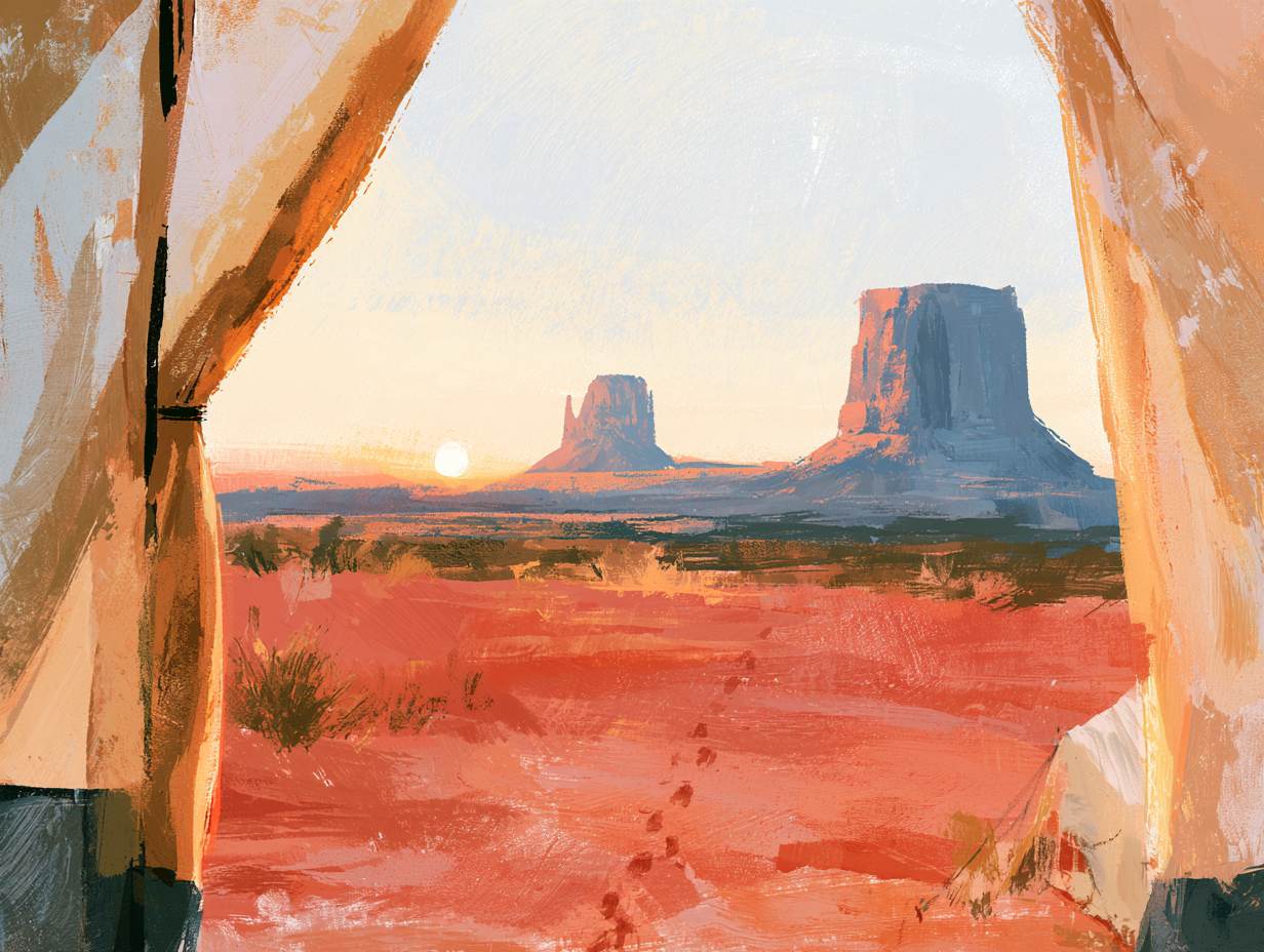 Illustration of red desert sand and sandstone towers seen through an open tent at sunrise.