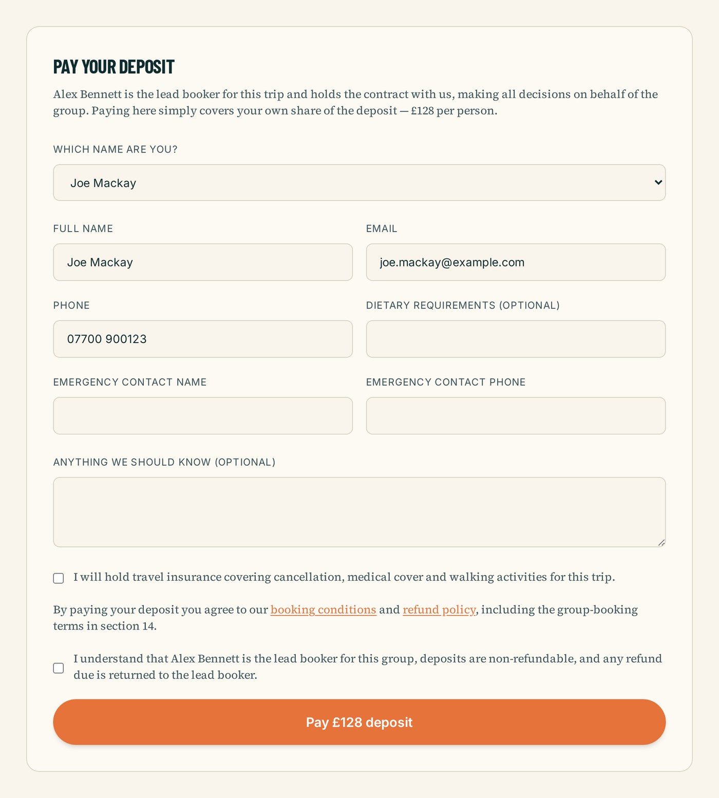 The deposit payment form on a group trip page, where a walker selects their name and pays their own share by card