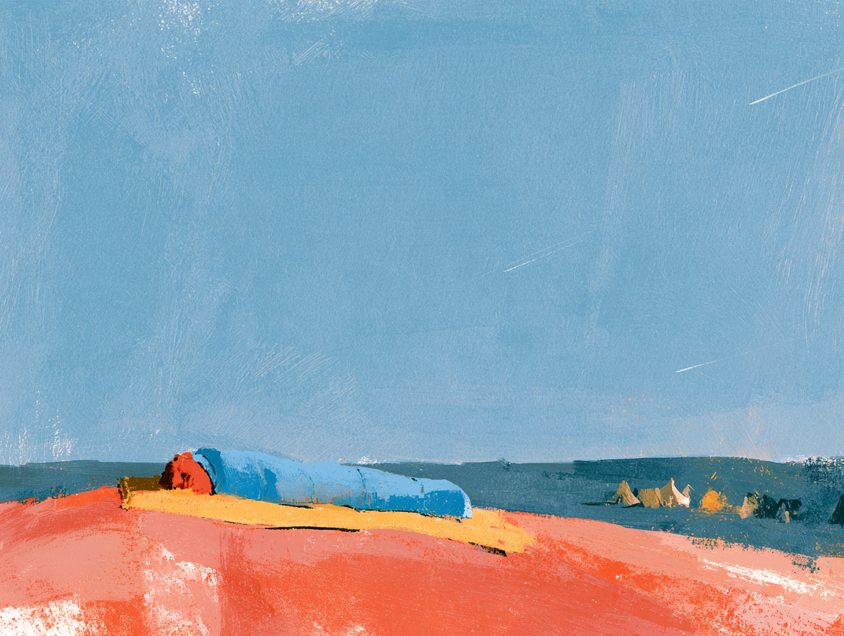 Illustration of a sleeping bag beneath shooting stars on a red desert dune.