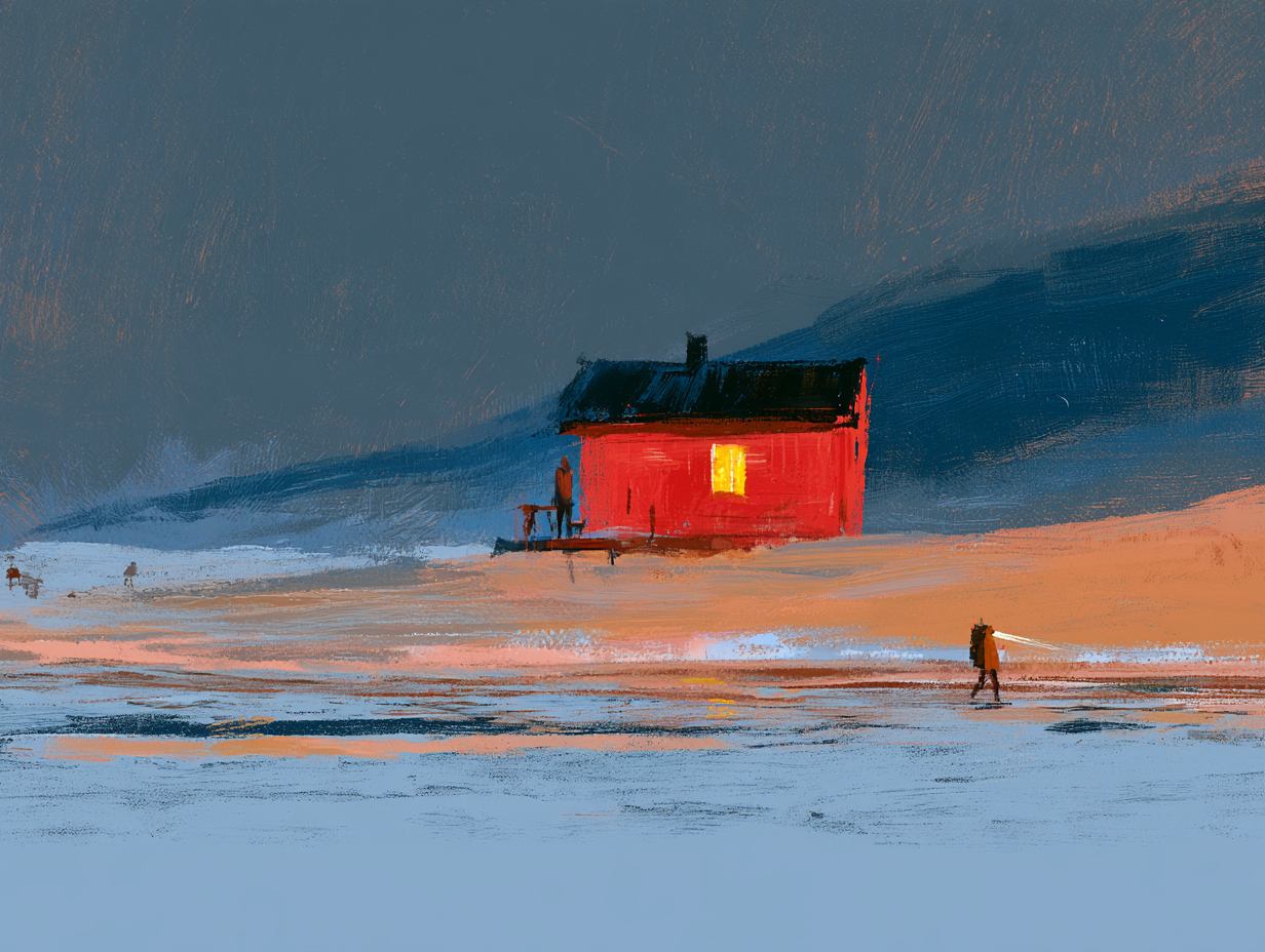 A small red cabin with a single lit window at dusk, a figure standing on the porch, and a walker in the foreground picking the way across open ground by headtorch