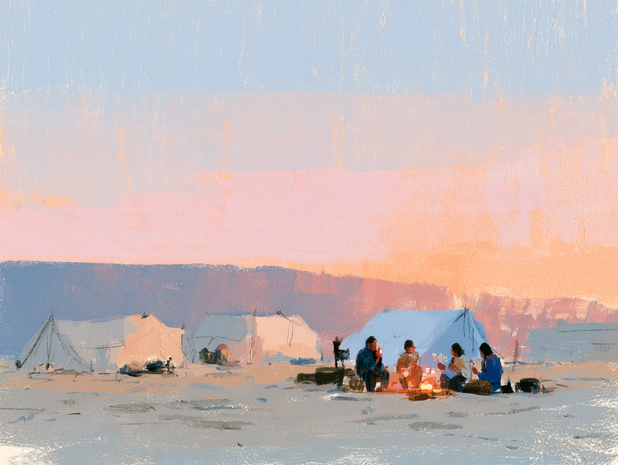 Illustration of walkers sharing tea around a campfire beside tents in the desert at dusk.