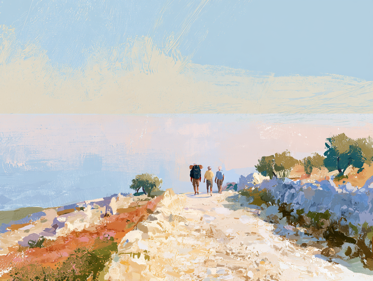Three walkers with packs walk away down a sunlit coastal path toward a wide, hazy sea