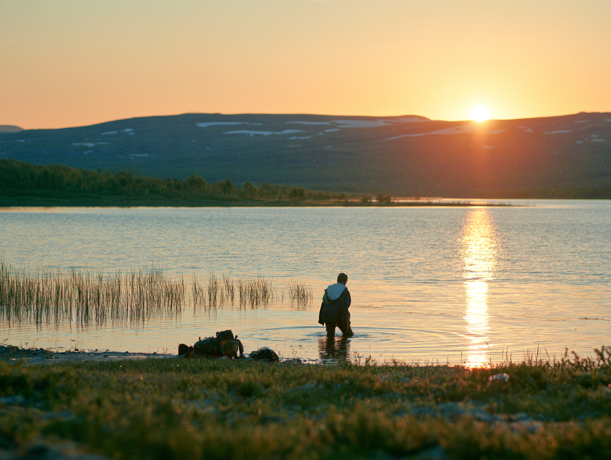 A hiker wades into a still lake at midnight sun while loaded rucksacks rest on the grassy bank, low snow-patched hills glowing on the horizon