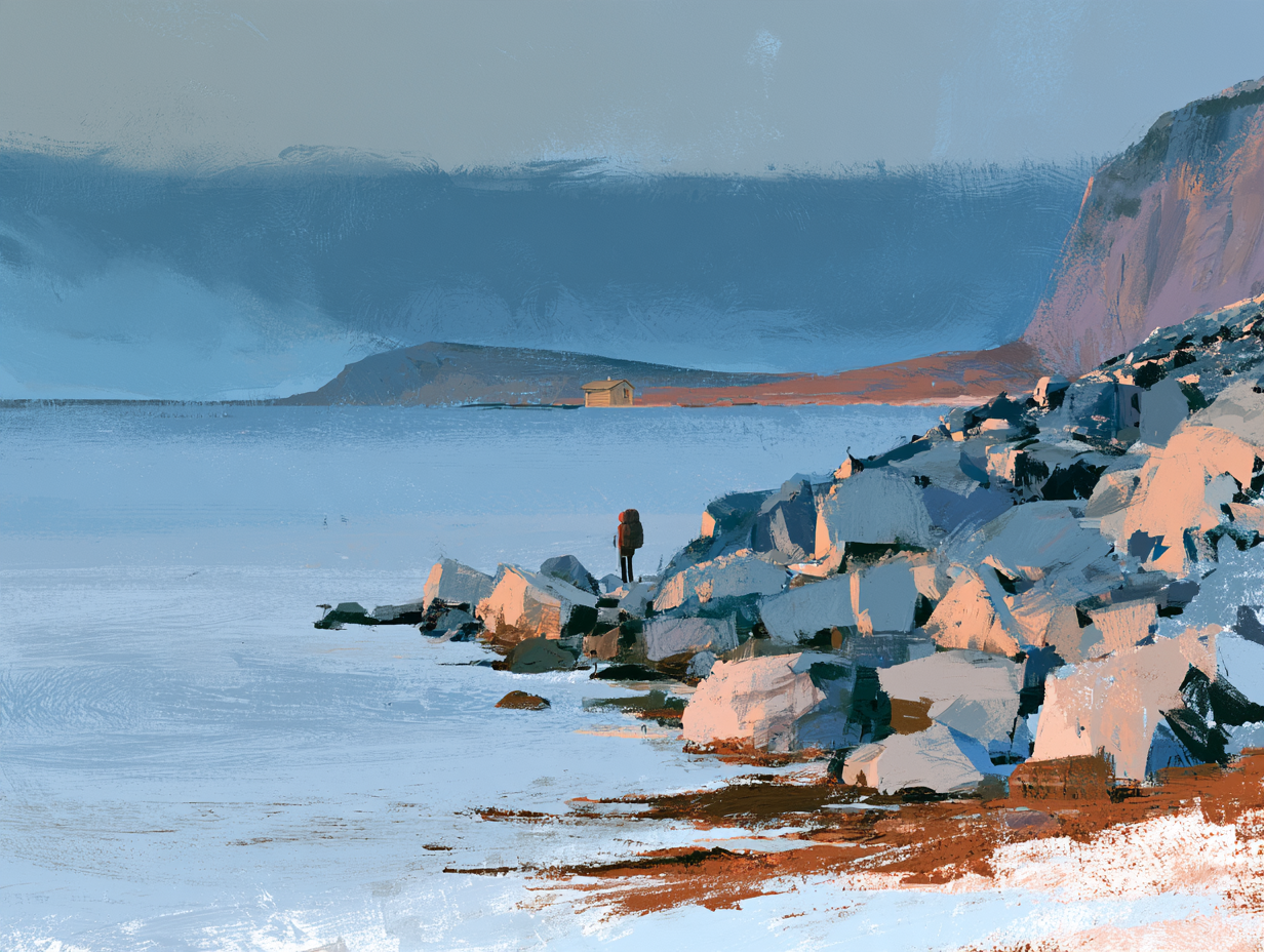 A lone hiker with a loaded rucksack stands among angular boulders at the water's edge, looking across a wide northern lake to a small isolated cabin under a clouded sky