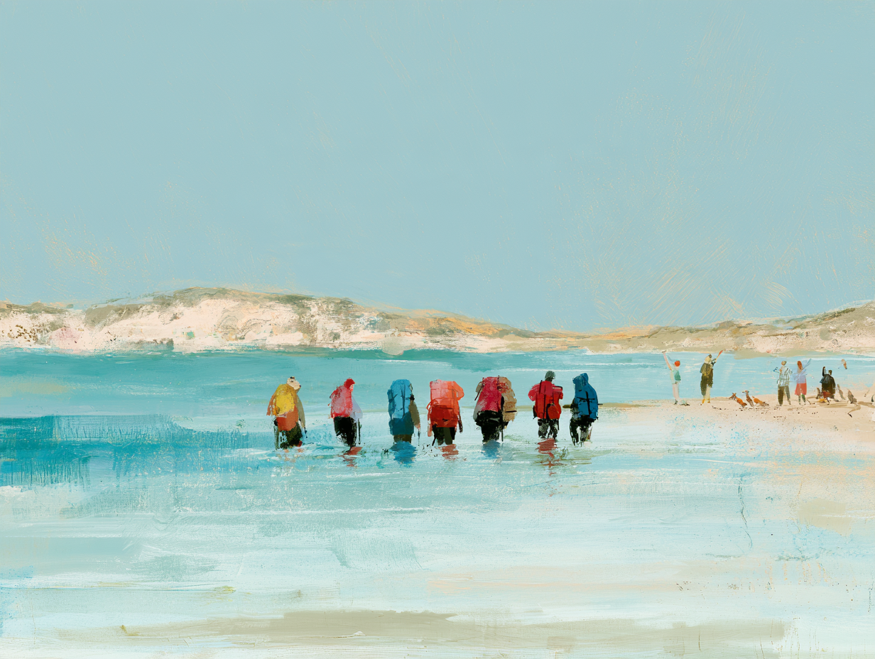 Illustration of walkers wading into the turquoise Red Sea at the end of their journey to Aqaba.