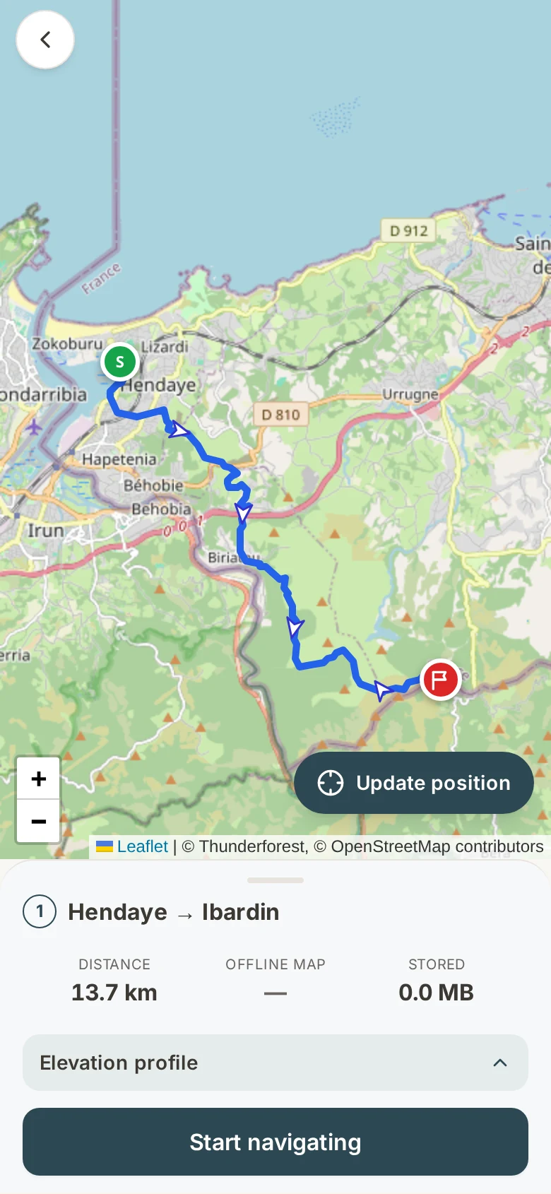 Live navigation in the Trail Companion, showing the route on the map with distance remaining and the elevation still to climb