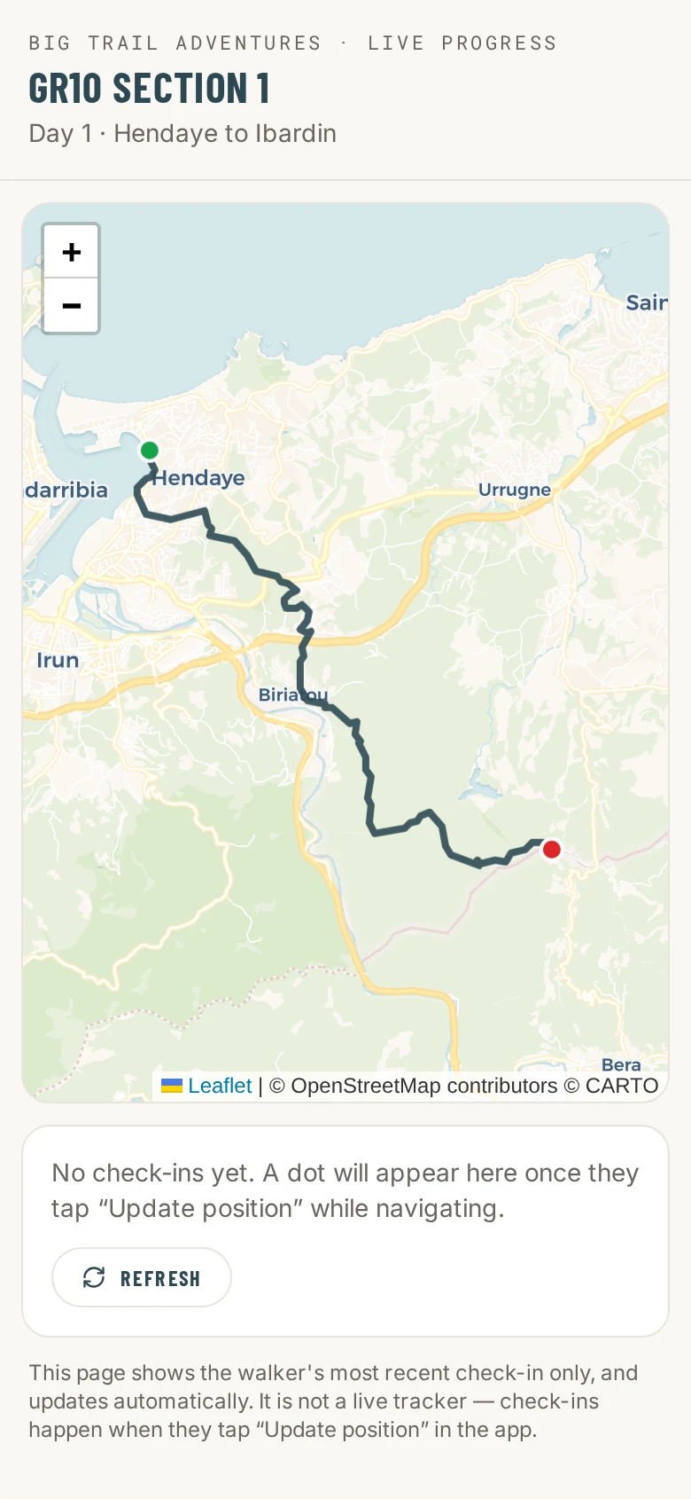 The private share link, showing walking progress on the map for friends and family at home