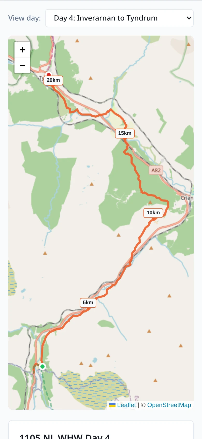 The satellite GPS tracker page, showing the day's route and the walker's live position on the West Highland Way