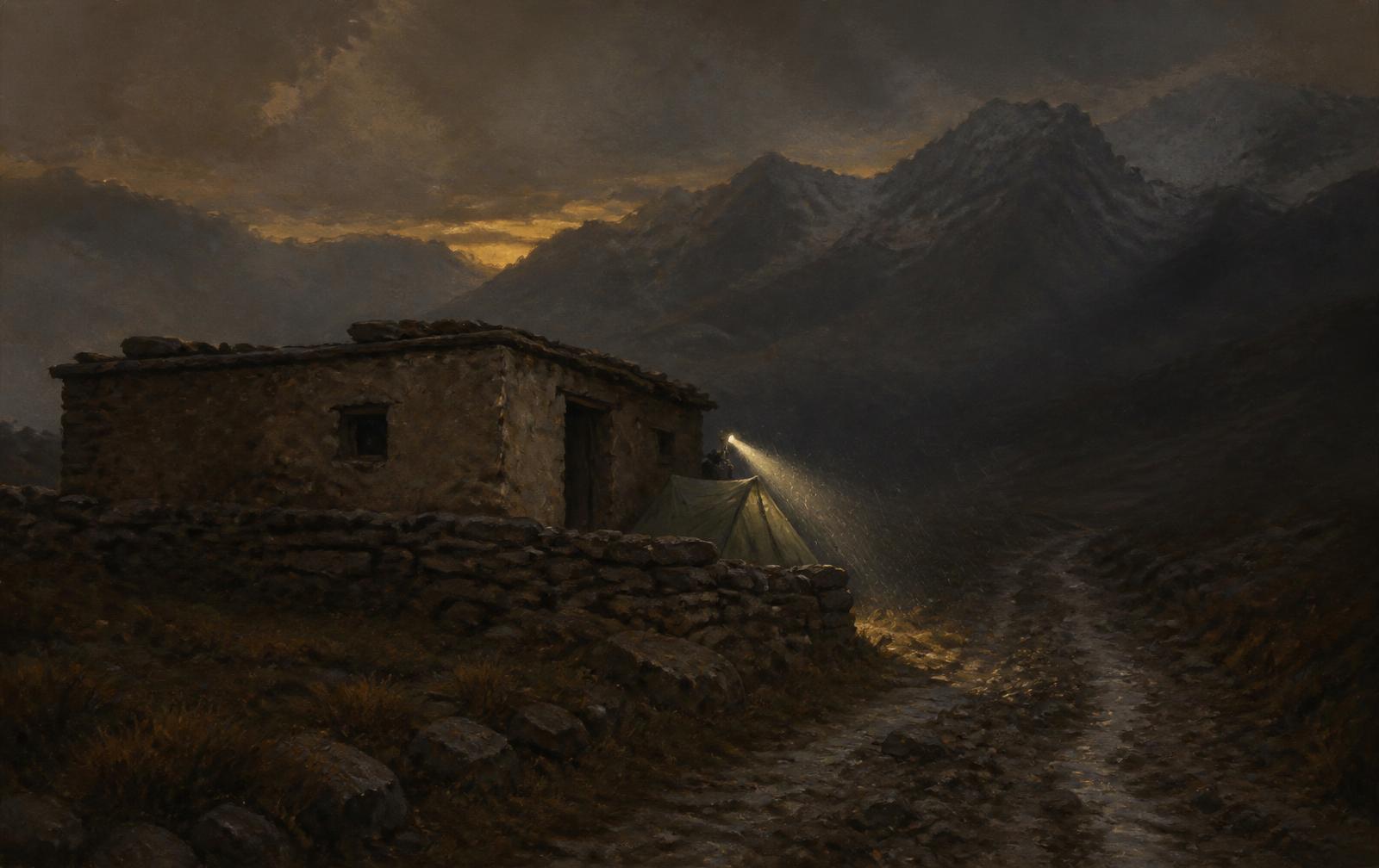 Illustrated small tent pitched behind a low abandoned stone building at dusk at 4,000 metres, a head torch beam catching the rain