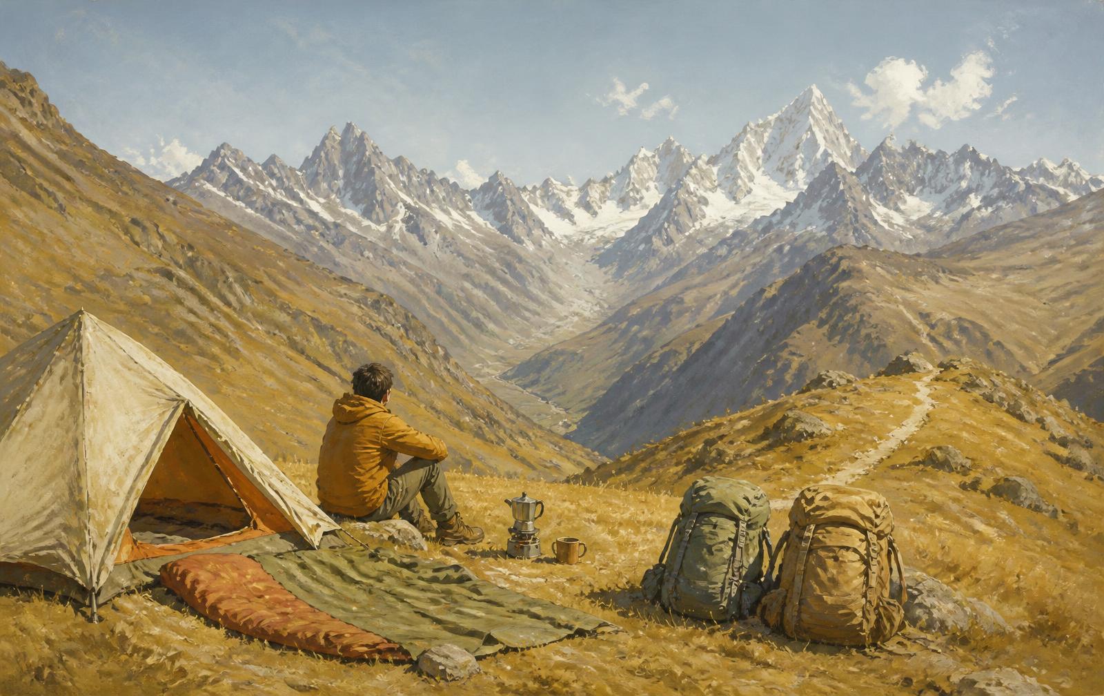 Illustrated mid-morning coffee stop on a sunny Andean pass, tent and sleeping bag spread out to dry beside two large rucksacks, a figure looking out over a deep valley to snow-capped peaks