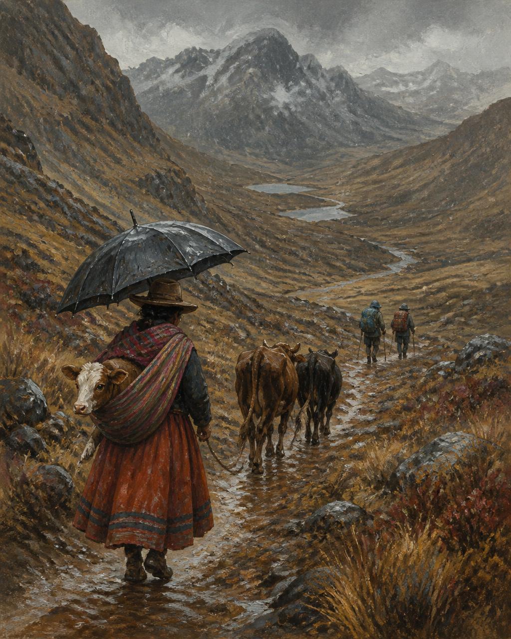 Illustrated rain-soaked descent from a high Andean pass, a woman with an umbrella carrying a calf in a shoulder sling, two cows ahead and two walkers with heavy packs behind