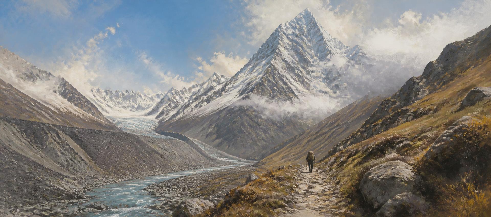 Illustrated high Andean valley in the Cordillera Blanca, a stony trail climbing beside a river towards an ice-fluted peak emerging from cloud