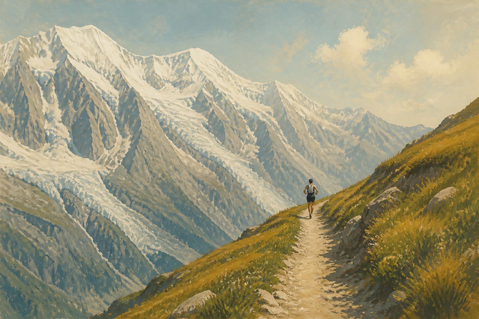 Illustrated balcony trail above Courmayeur, a narrow path along a grassy shelf with the Mont Blanc massif filling the left of the frame, one small running figure