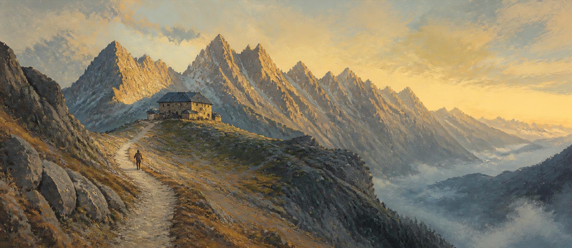 Illustrated high alpine col at first light, a stone refuge below the pass with a serrated ridge behind it and a single small figure with poles on the trail