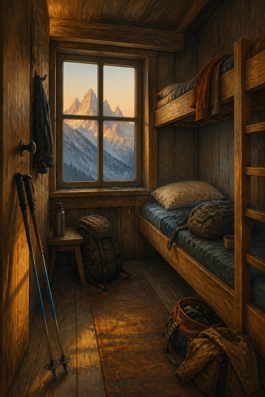Illustrated mountain refuge interior at six in the morning, wooden bunks with half-packed bags, poles leaning by the door, pale sunrise on the peaks through the window