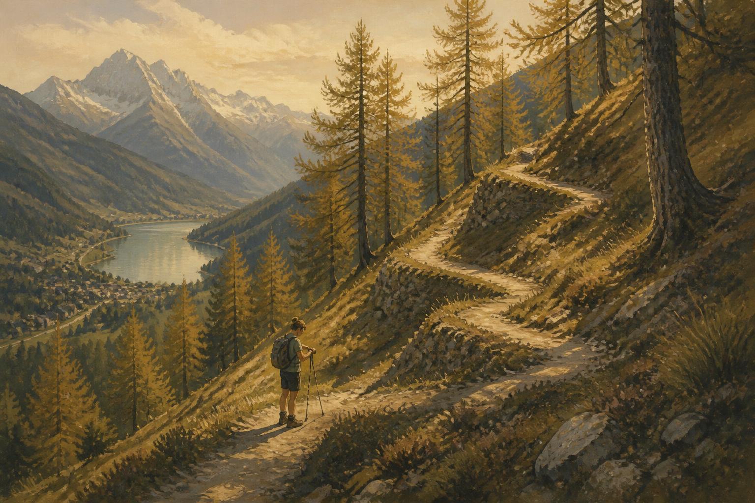 Illustrated steep switchback trail climbing through larch forest above Champex-Lac, a single figure with poles pausing mid-climb to look at their wrist