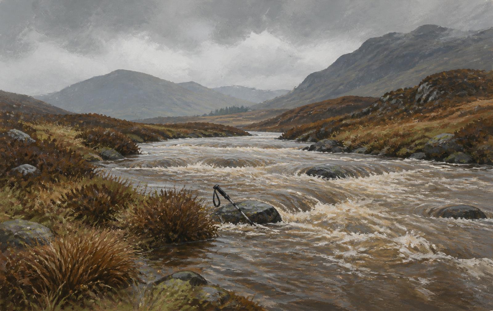Illustrated swollen Lake District beck in heavy rain, stepping stones just under fast brown water and a single trekking pole caught against a rock mid-stream