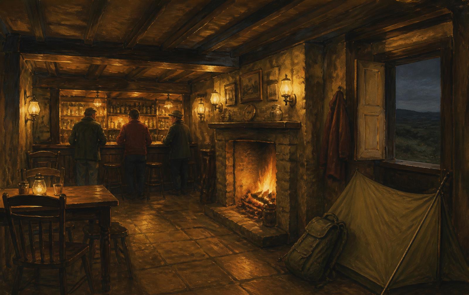 Illustrated interior of an old moorland inn at evening, low beams and a fire, three figures at the bar in lamplight and a small tent propped by the door