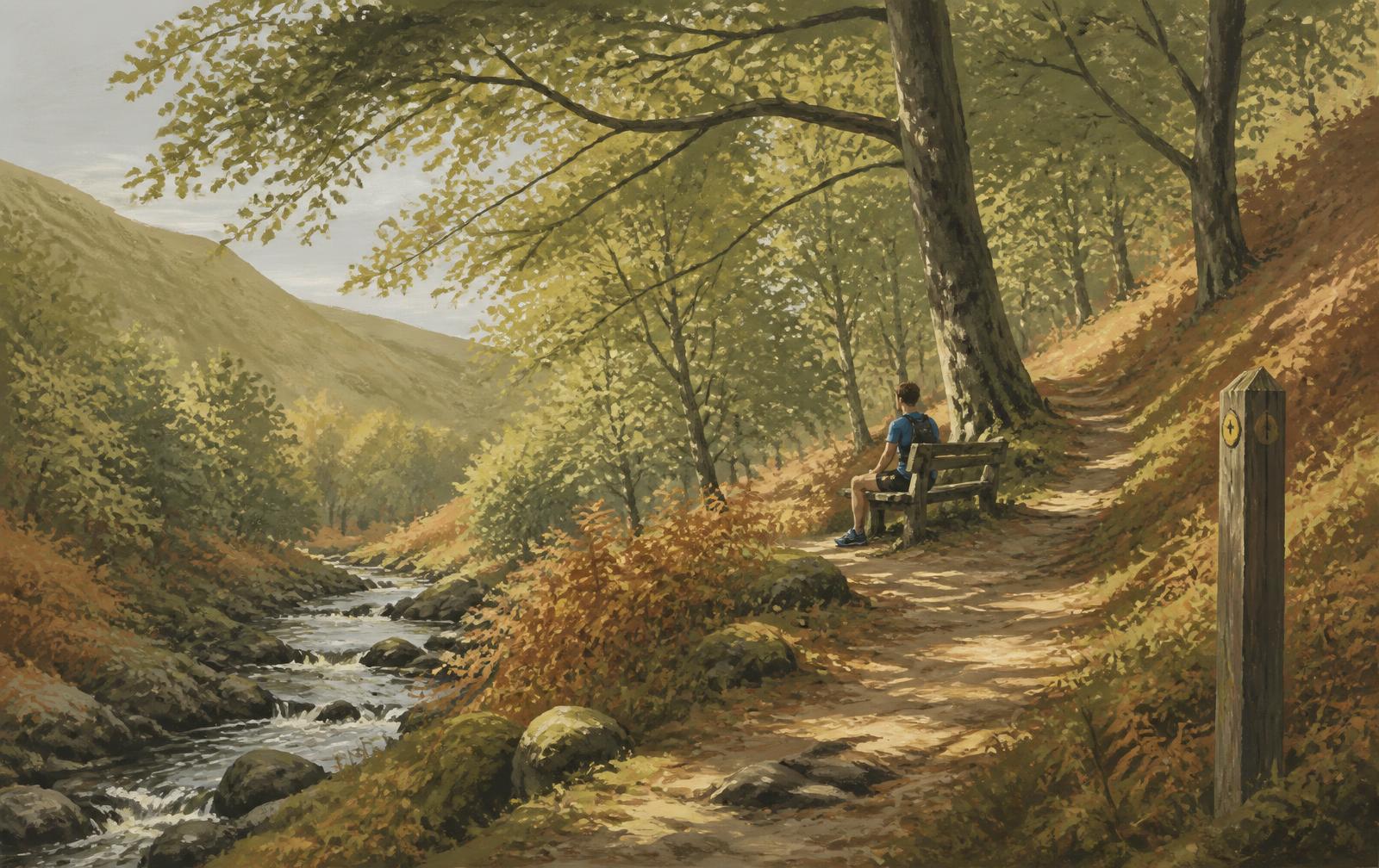 Illustrated wooded valley path at Littlebeck, a stream below the trail and a single seated figure in running kit on a wooden bench beside a waymark post