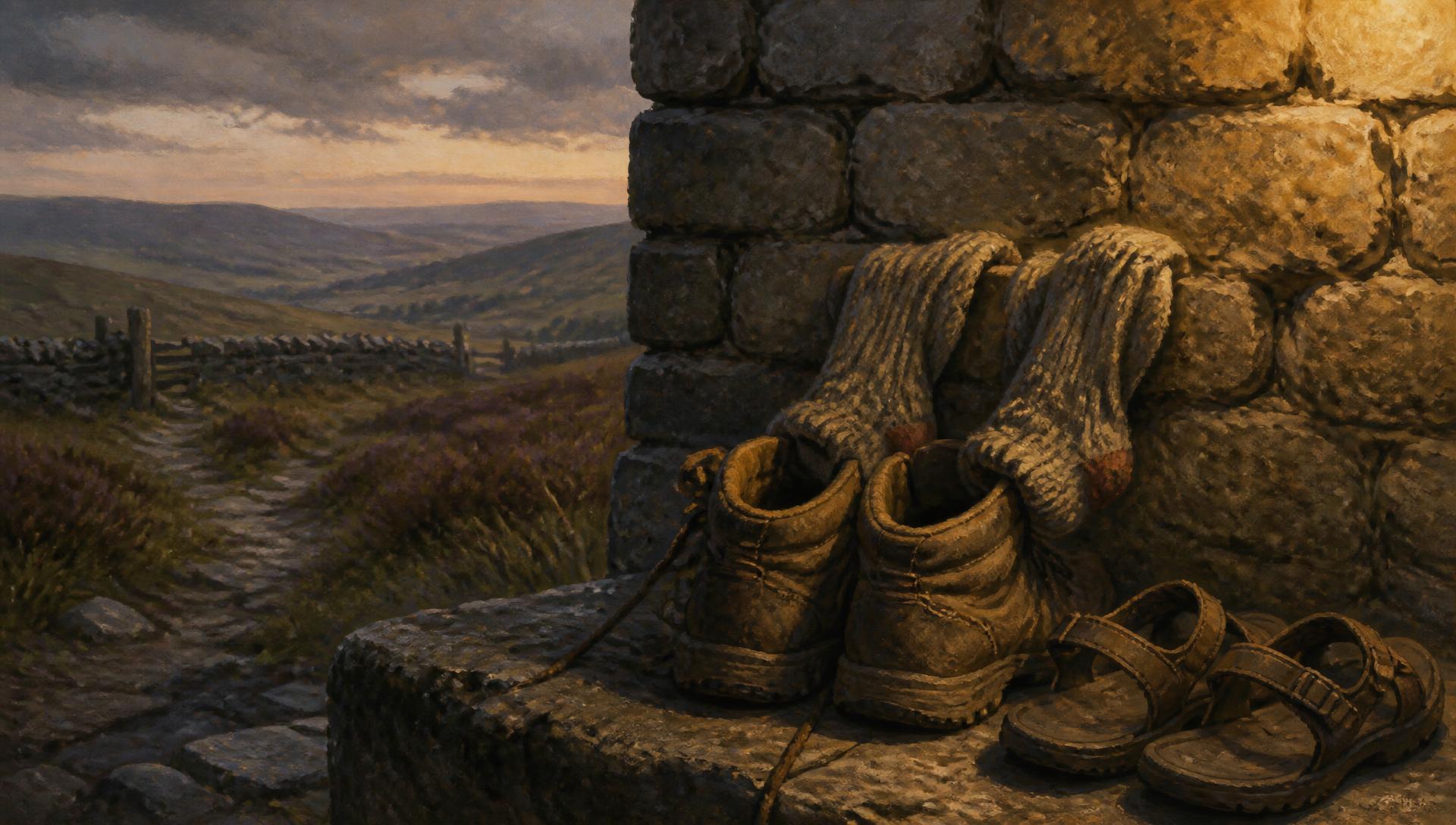 Walking shoes and socks drying beside a stone wall with sandals ready for the evening