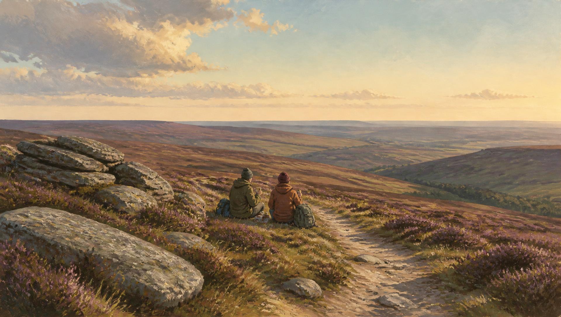 Two hikers resting with snacks beside the path across the North York Moors