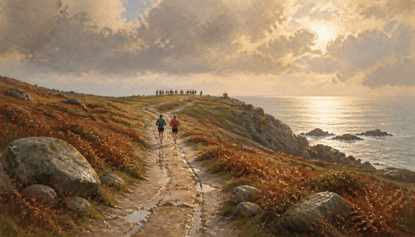Illustrated final stretch of coast path approaching Land's End after a storm, two figures running side by side towards a small crowd on the headland