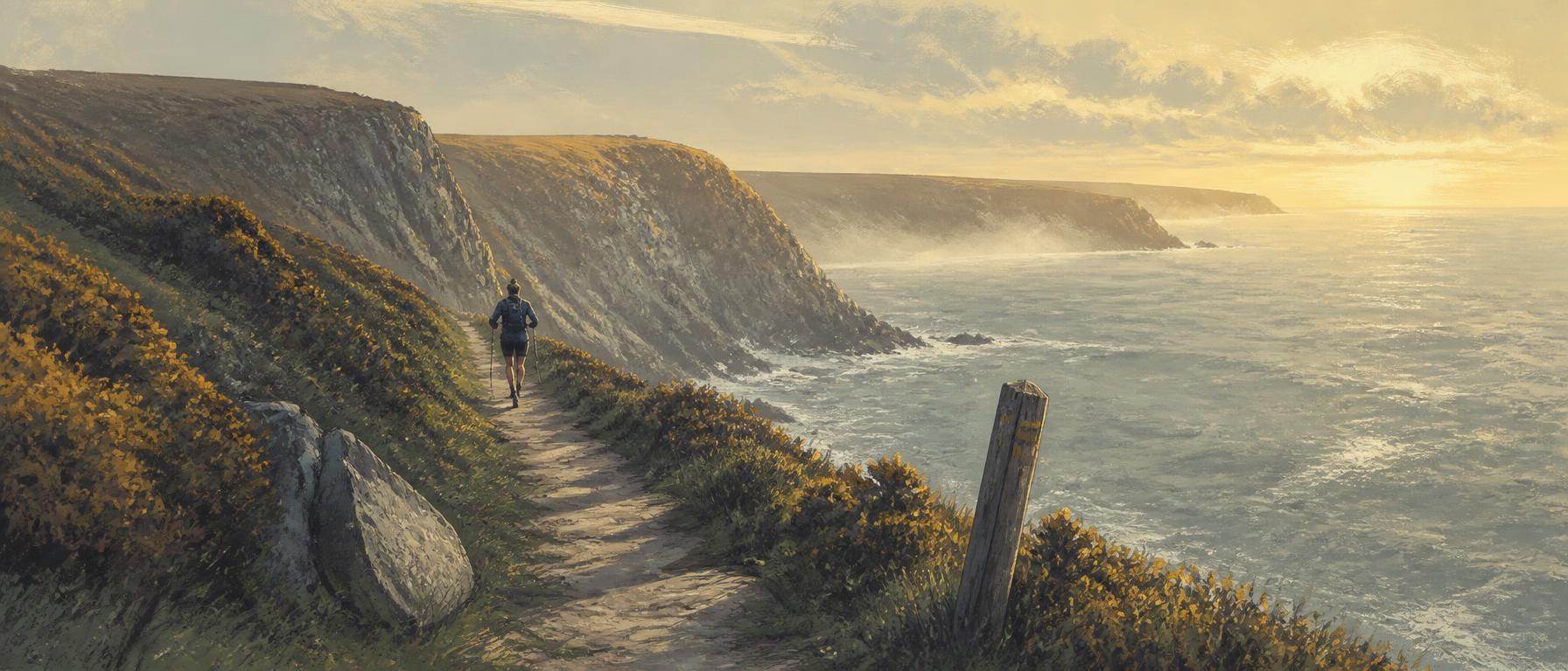 Illustrated Cornish north coast cliff path at first light, a lone runner on a narrow trail between gorse and granite above a grey-green sea