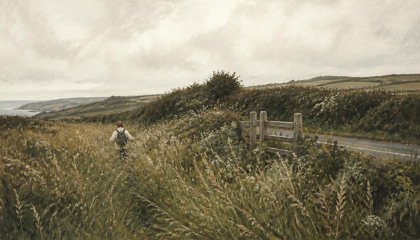 Illustrated overgrown field edge on the Tamara Way, a single small figure pushing through waist-high grass towards a wooden stile