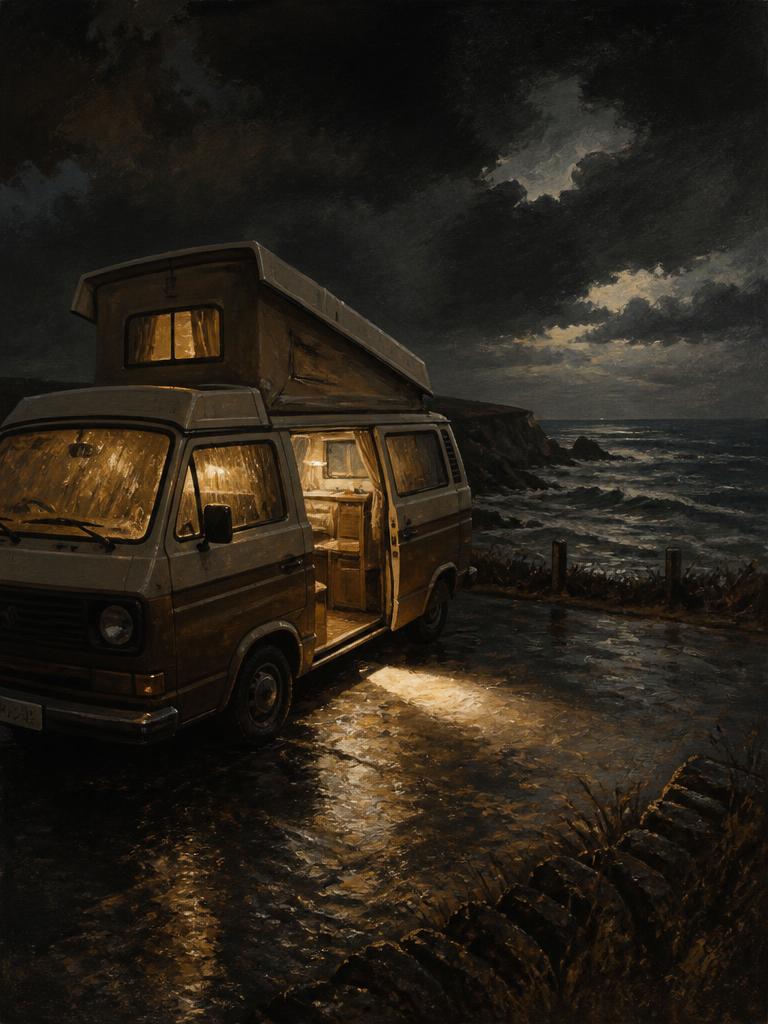 Illustrated small camper van in a windswept Cornish lay-by at night, rain on the windscreen, a warm light inside, storm clouds over the sea