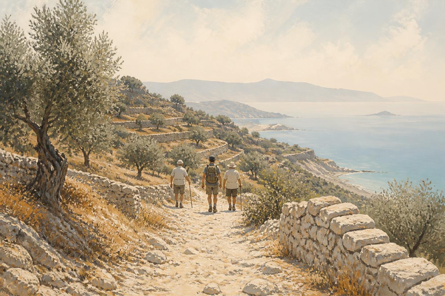 Illustrated dry coastal path through Crete between olive terraces and drystone walls, three small figures walking together toward a pale sea