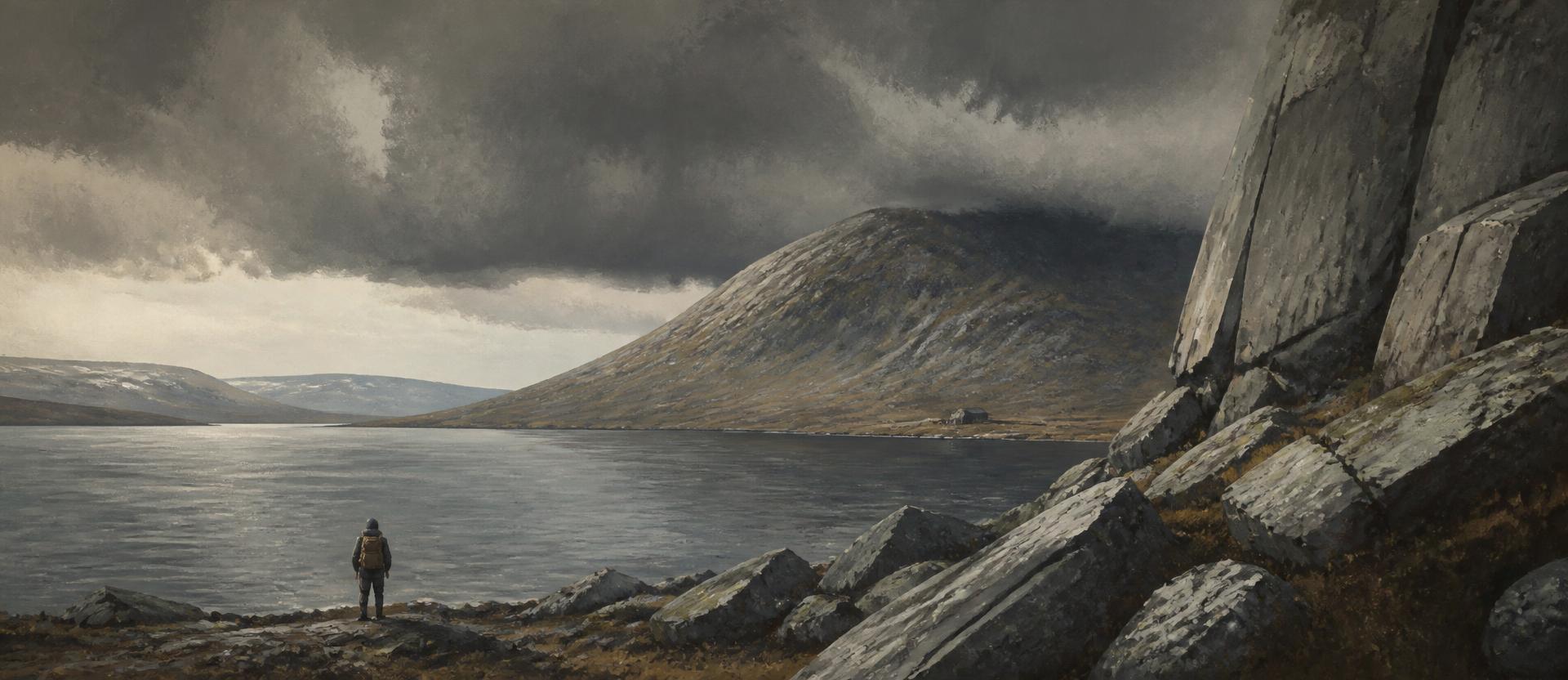 Illustrated vast lake in the far north of Sweden under a gathering storm, huge granite boulders rising into a cliff, a tiny hut on the far shore and one small figure with a large rucksack at the water's edge