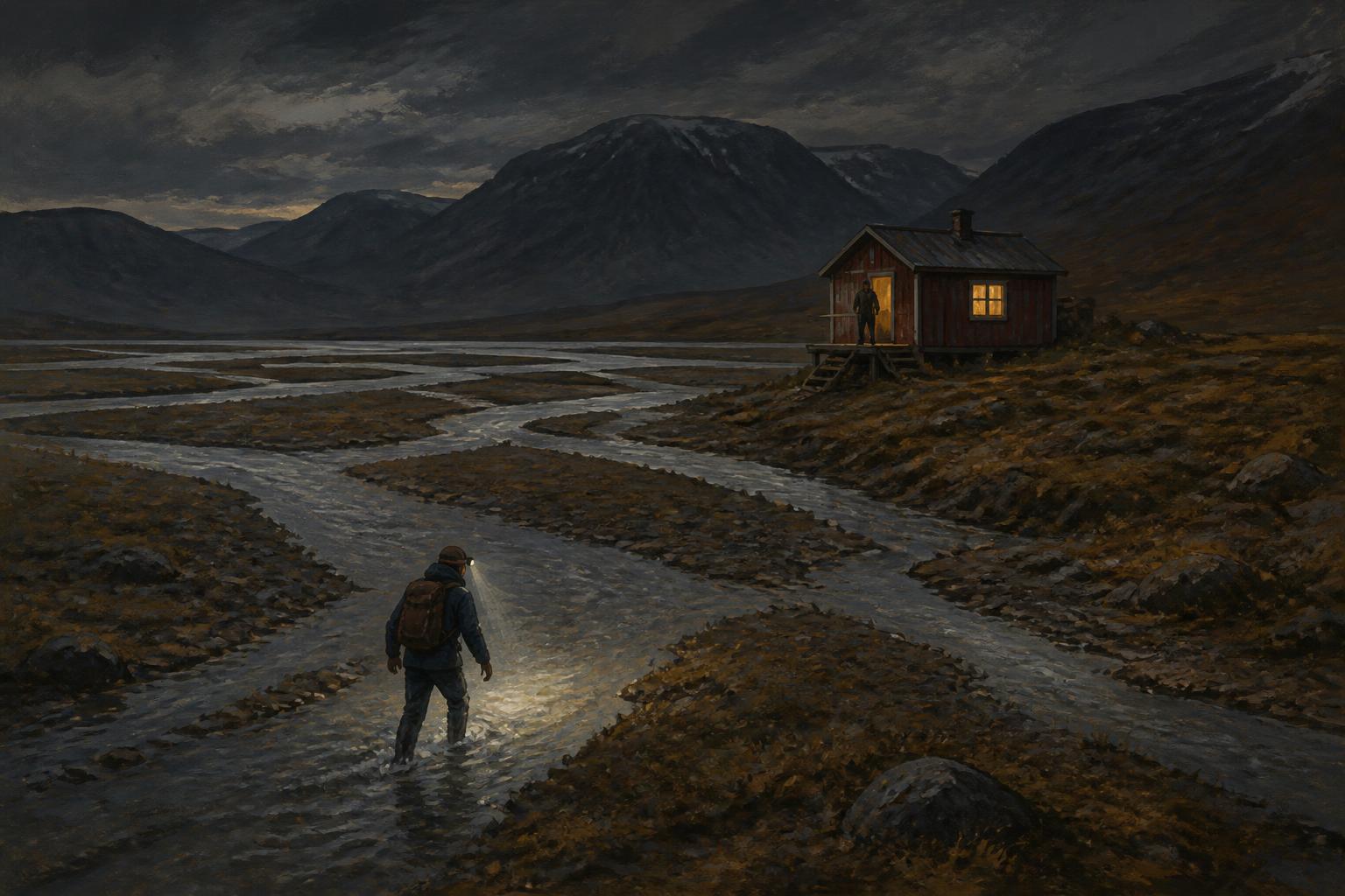 Illustrated small red Swedish mountain hut at night on the edge of a braided river delta, a lit window and a figure on the porch, a second figure with a head torch crossing the water
