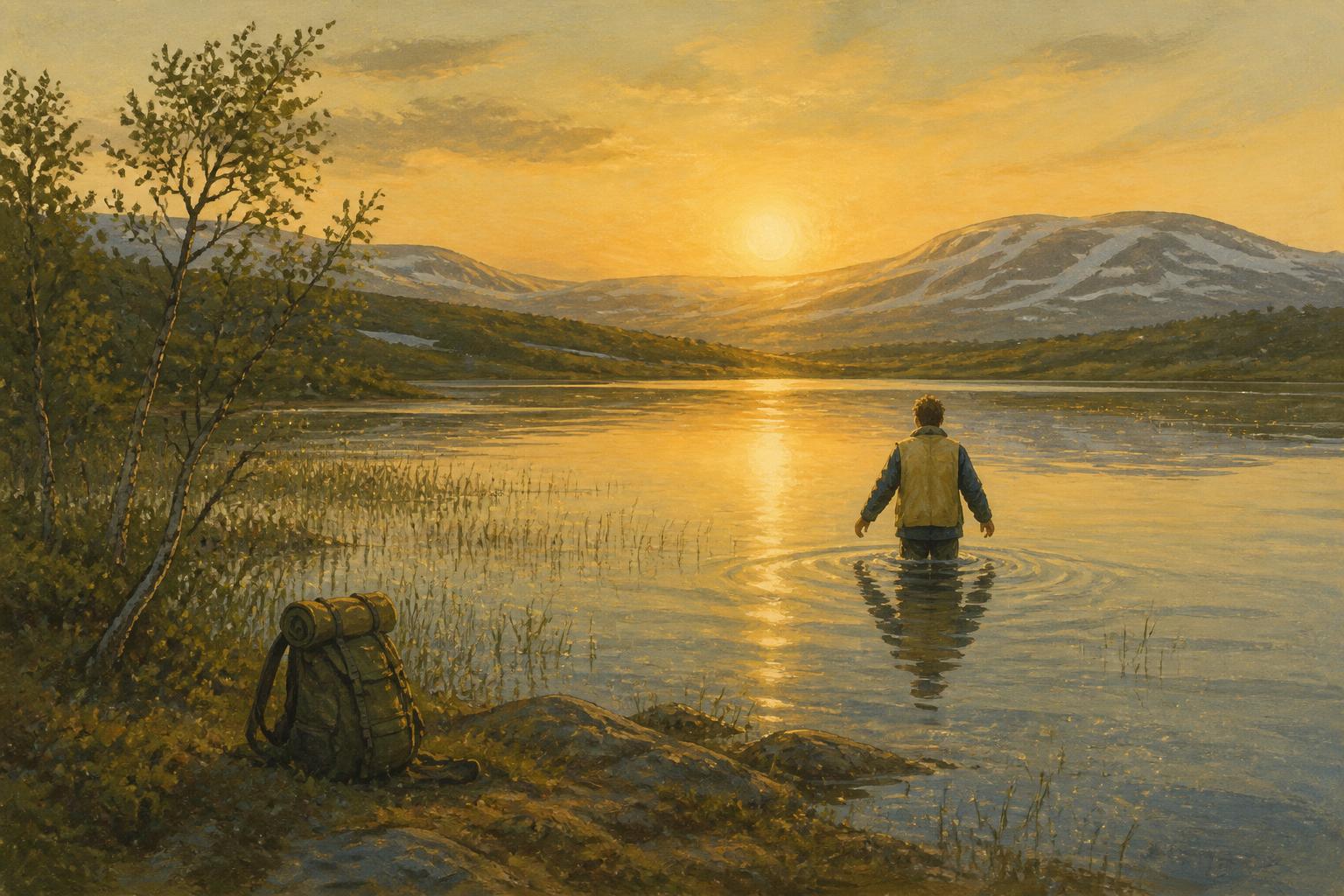 Illustrated midsummer midnight sun over Arctic Lapland, a still lake ringed by birch scrub, a single figure wading fully clothed into the golden water with a rucksack left on the shore