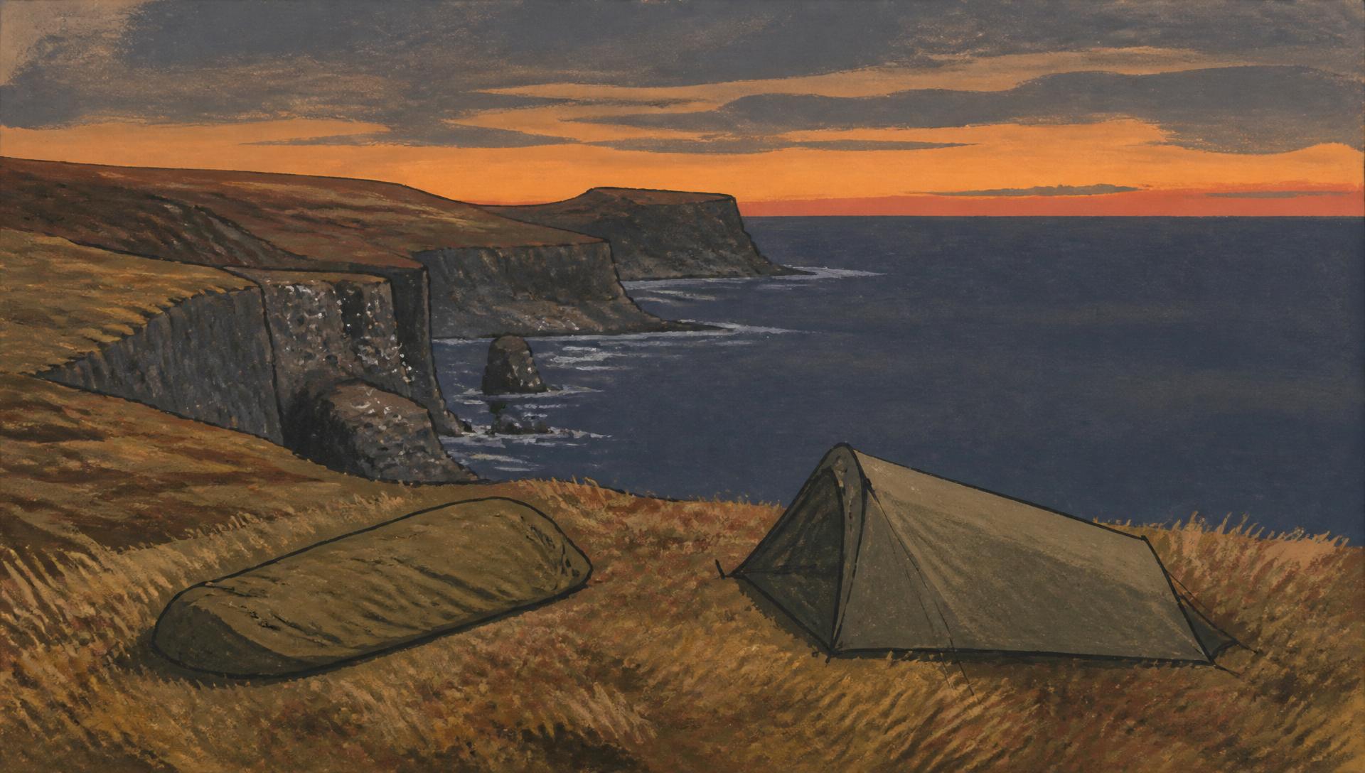 Illustrated bivvy bag and small tent on the Castlemartin coast at dusk, above dark water and sea cliffs