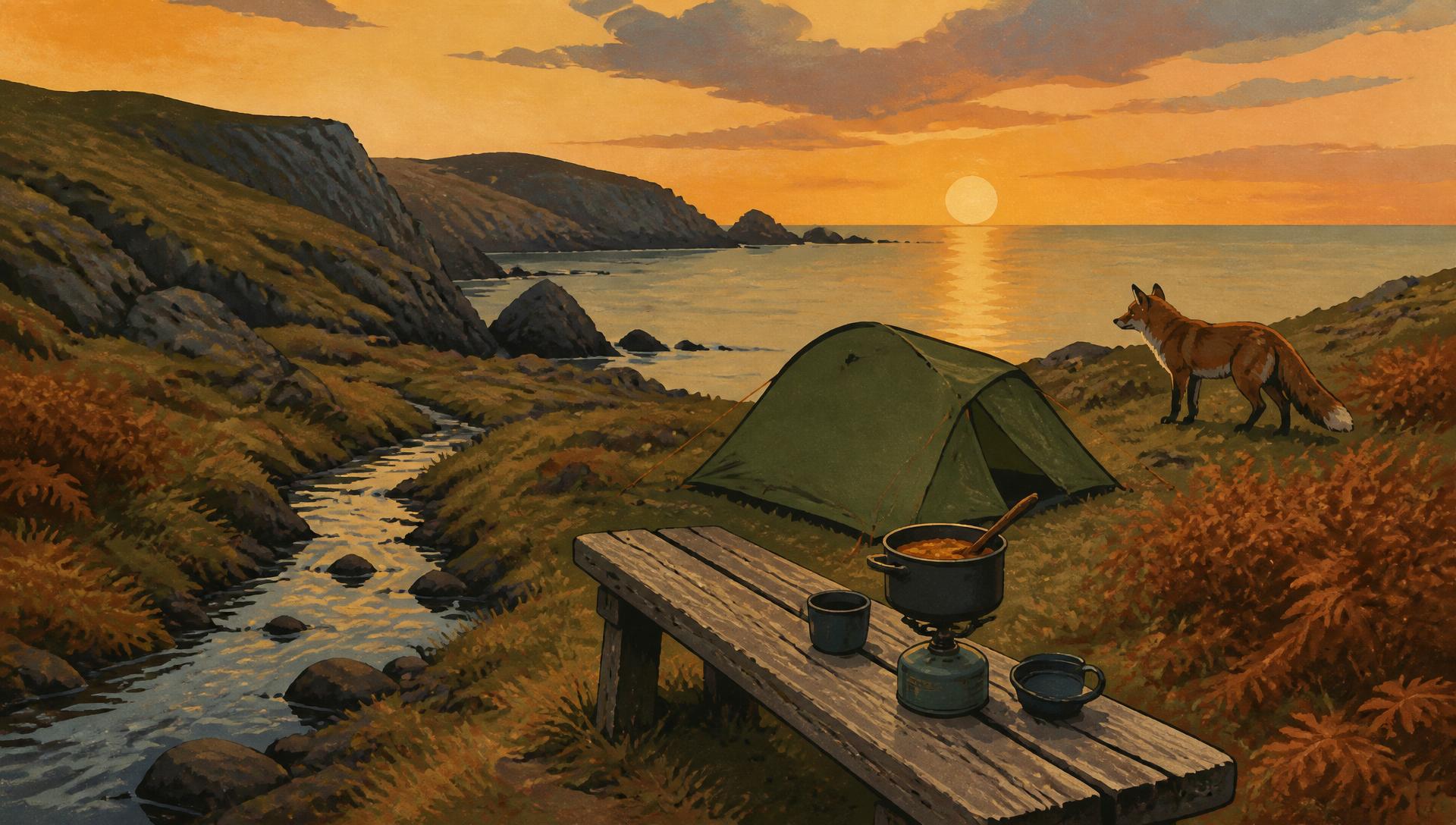 Illustrated wild camp beside a stream at sunset, with a tent, cooking pot on a wooden bench and a fox nearby
