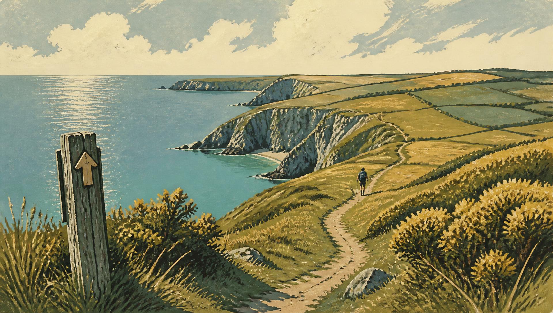Illustrated Pembrokeshire clifftop path above a turquoise bay, with a solitary walker and a wooden coast-path waymark