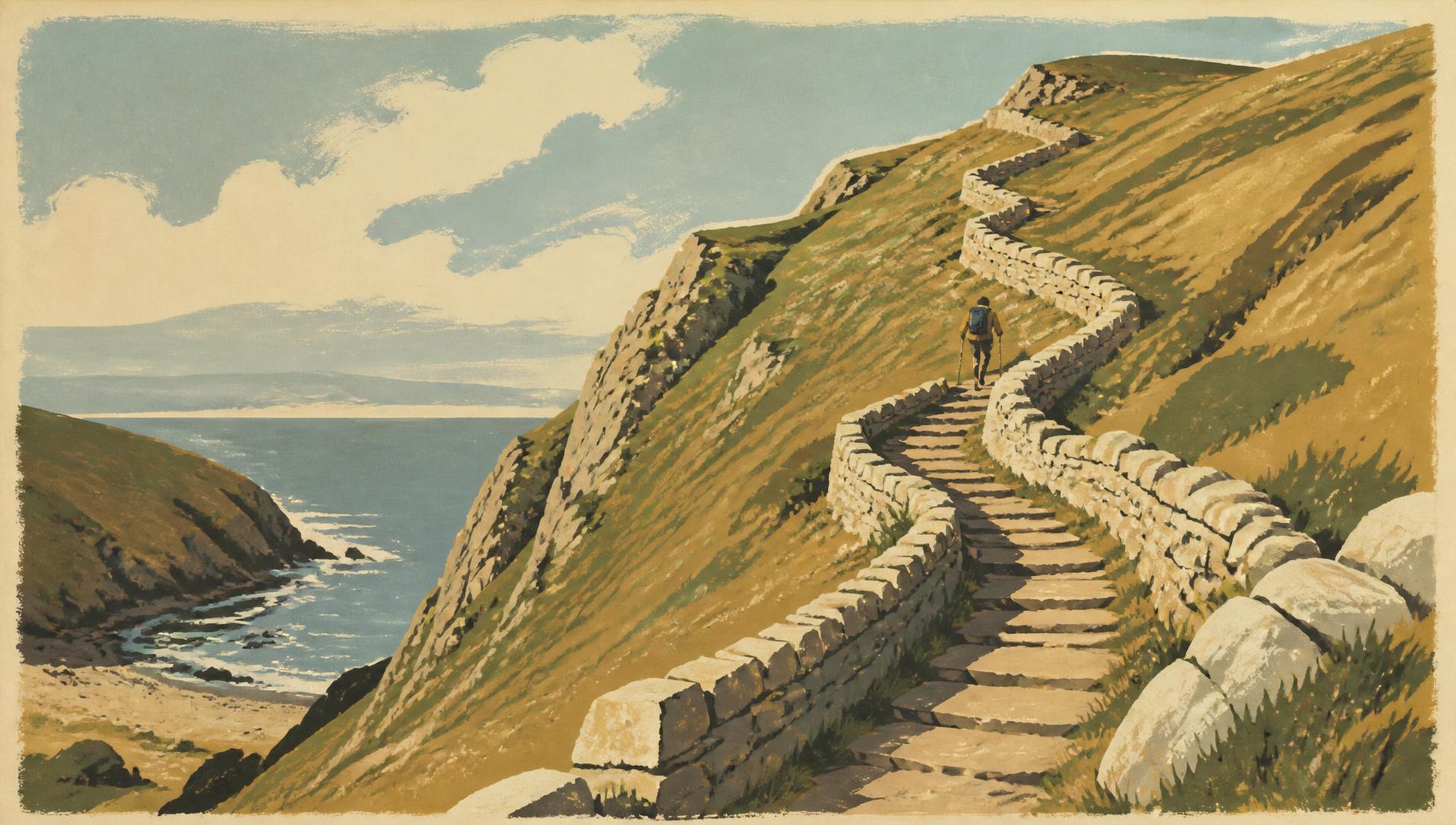 Illustrated steep stone steps zigzagging up a Pembrokeshire headland near Solva, with a lone walker climbing