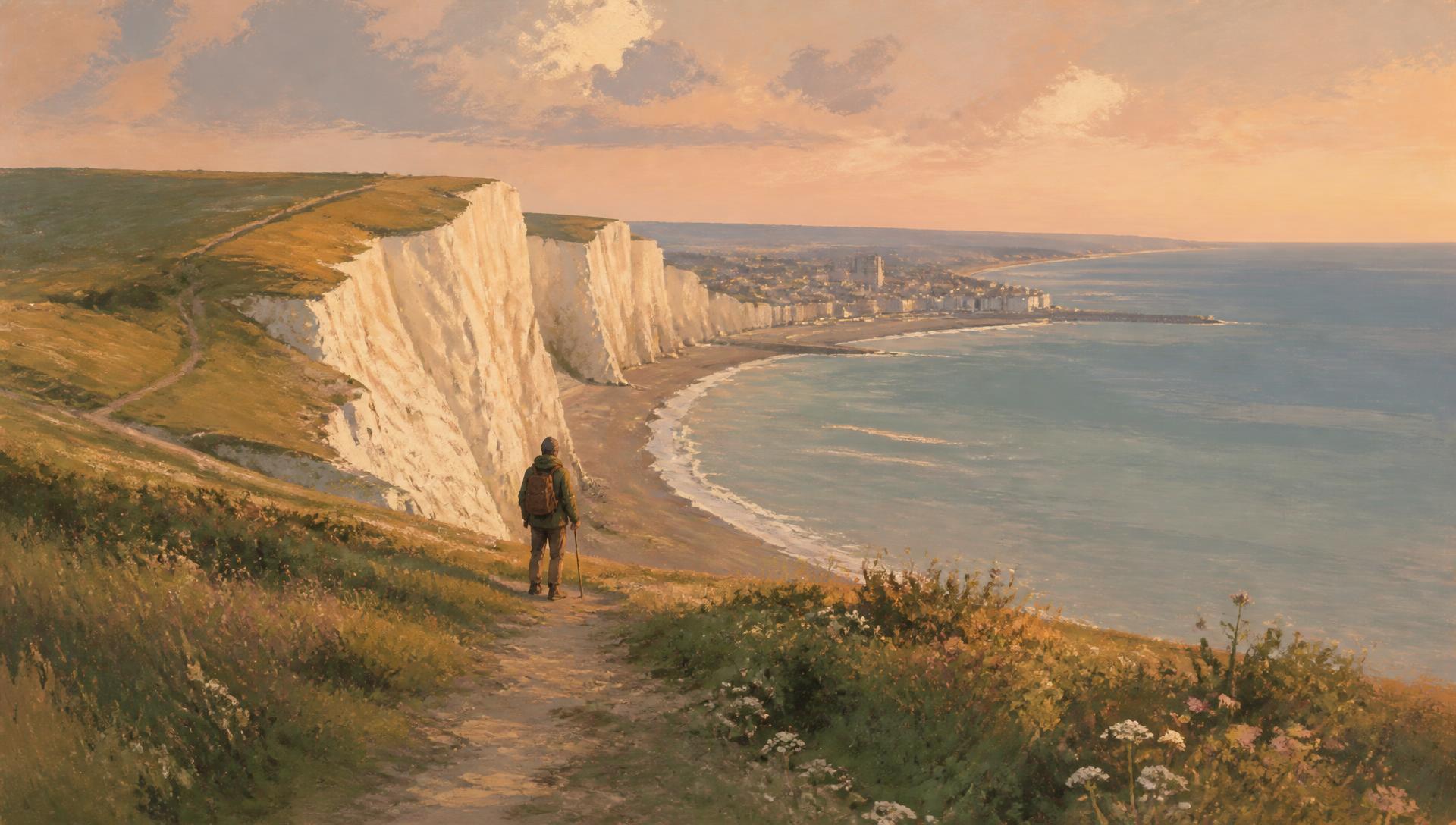 A walker approaching Eastbourne along the white cliffs in quiet evening light
