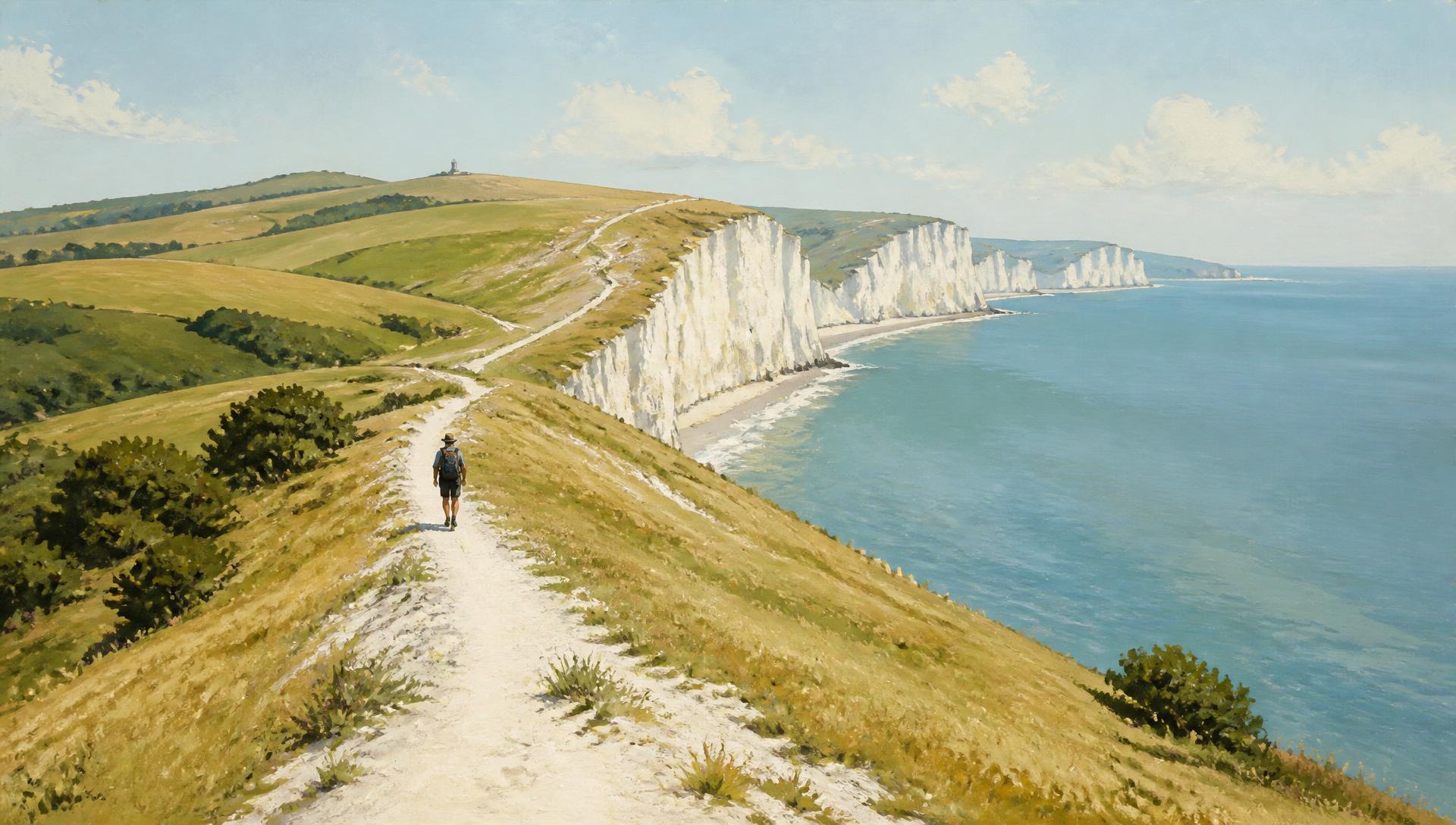 A walker following the chalk South Downs Way above the Seven Sisters and the sea