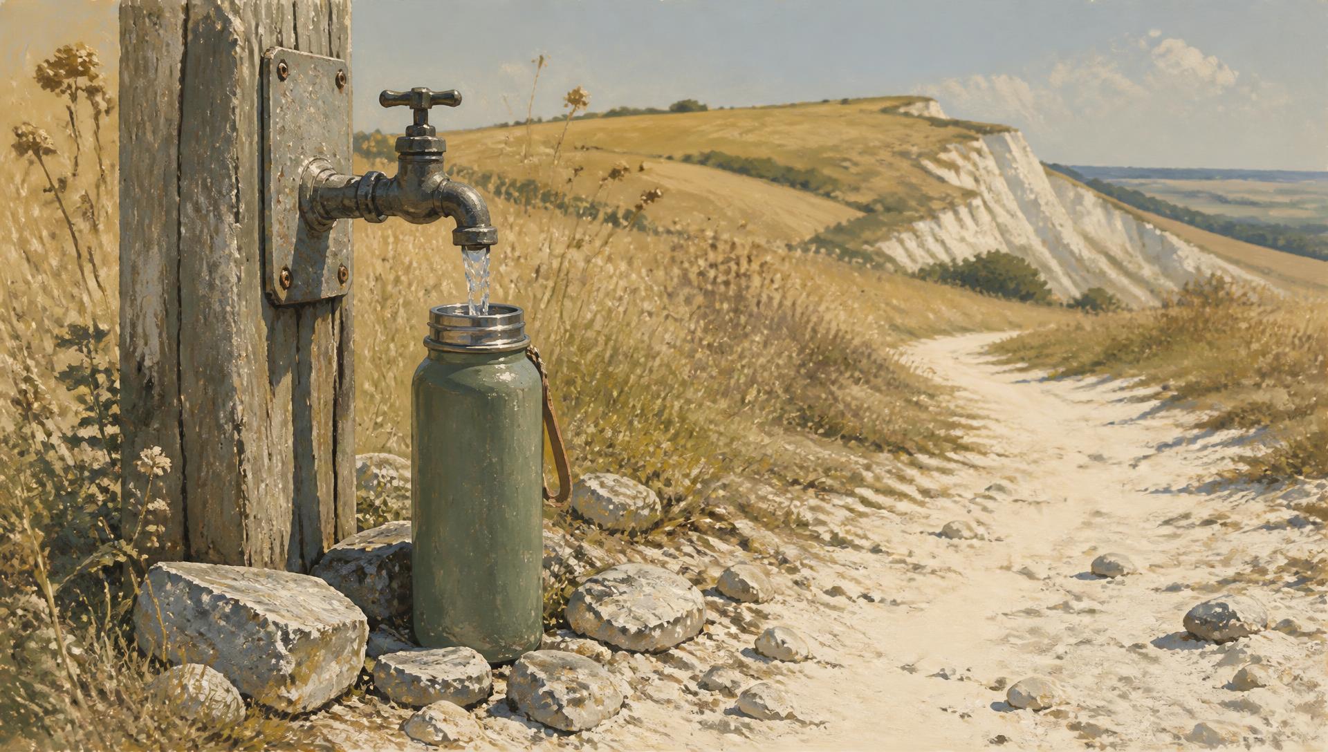 A water bottle being filled from a trail tap beside a dry chalk path on the South Downs