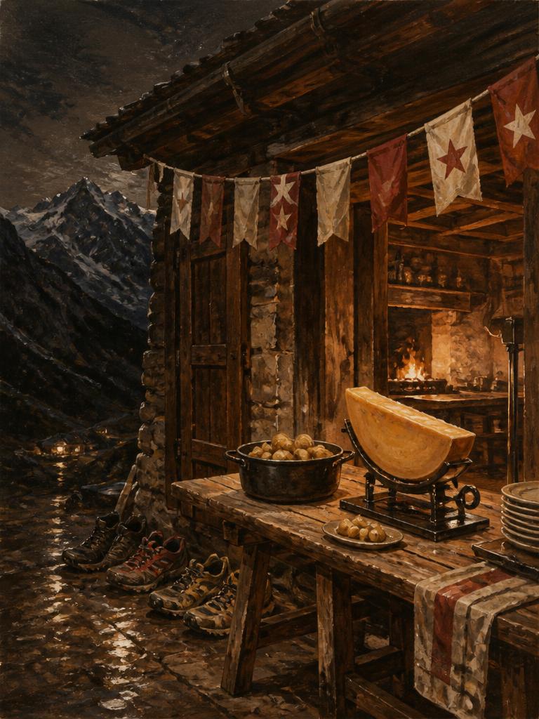 Illustrated wooden Valais aid station at night, a fire glowing inside, raclette and potatoes on a table, wet trail shoes by the door