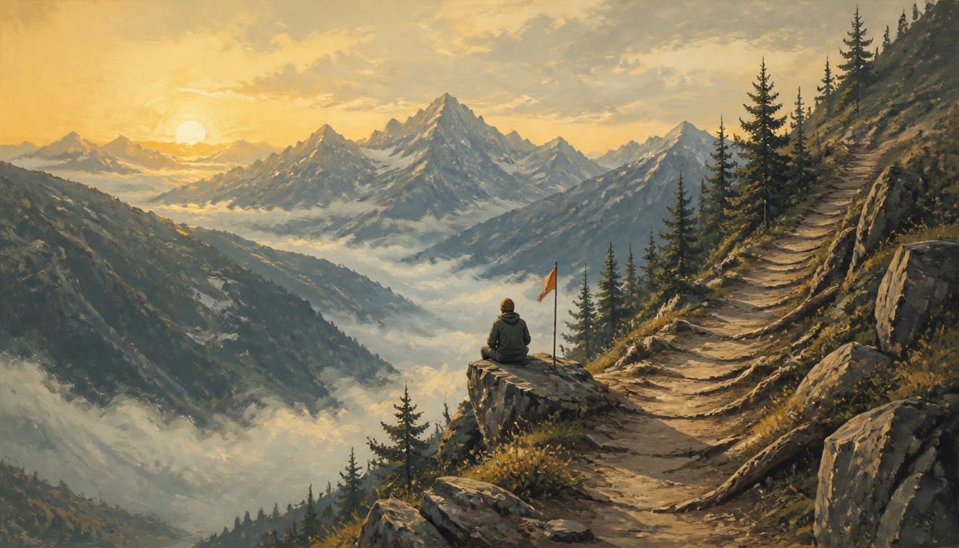 Illustrated high Alpine trail at first light, mist rolling down a valley, a single small runner sitting on a rock beside a course flag
