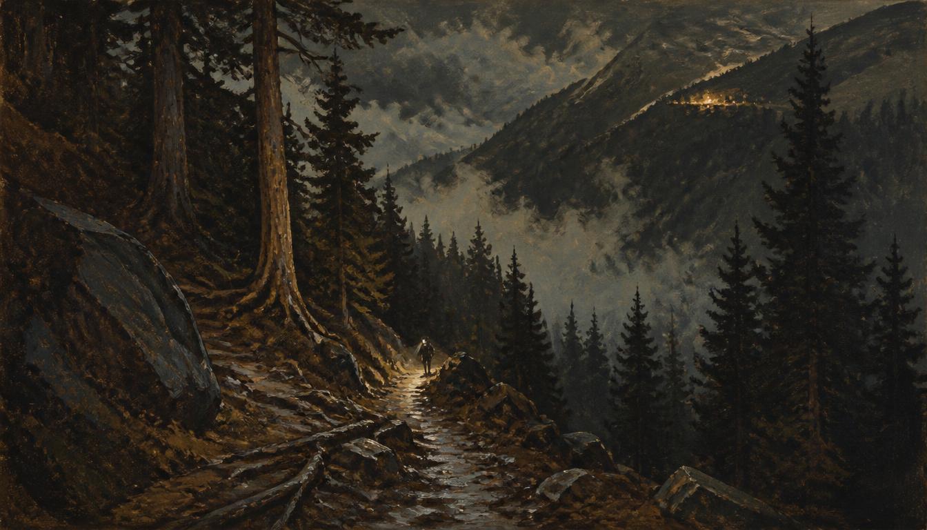 Illustrated steep switchback trail through an Alpine forest at night, a single headtorch beam on wet roots, warm lights of an aid station high above