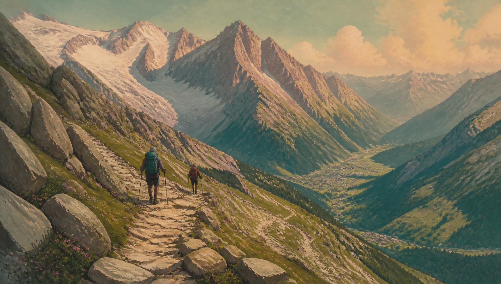 Two hikers descending a steep rocky path above the Chamonix valley