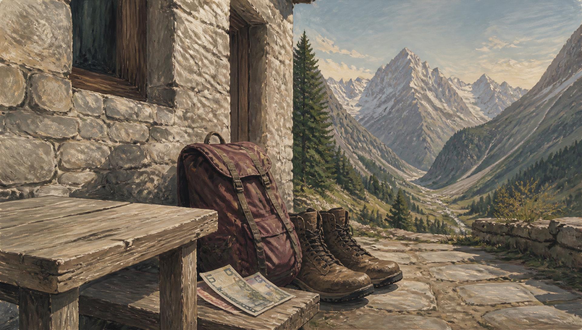 A backpack, walking boots and small euro notes outside a stone Alpine refuge