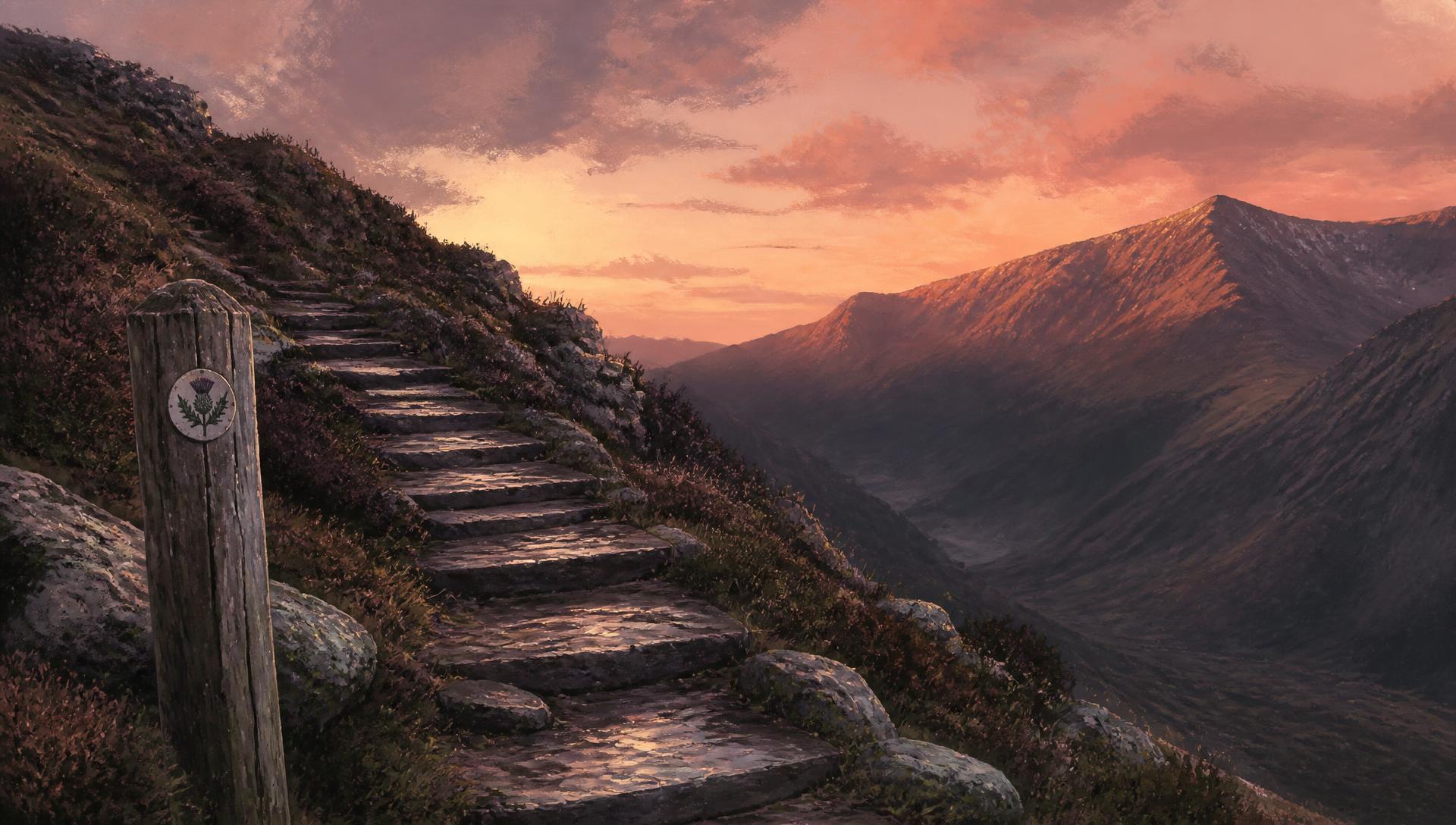 Stone path climbing steeply above Kinlochleven on the West Highland Way