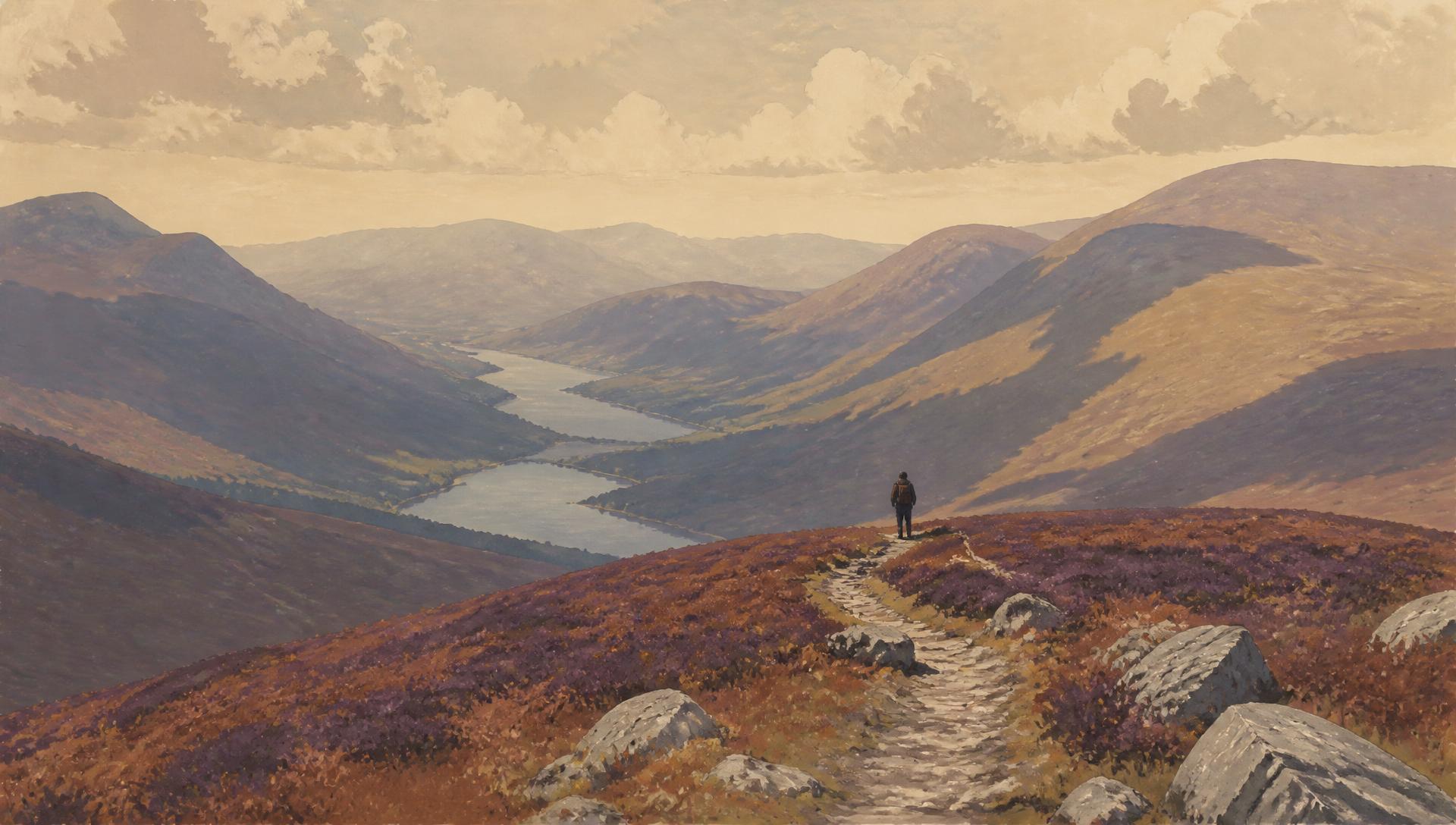 A walker pauses on the West Highland Way to look back down the glen
